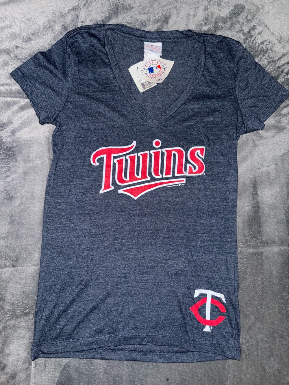 Twins Baseball V-Neck Tee in Navy with Red & White Logos